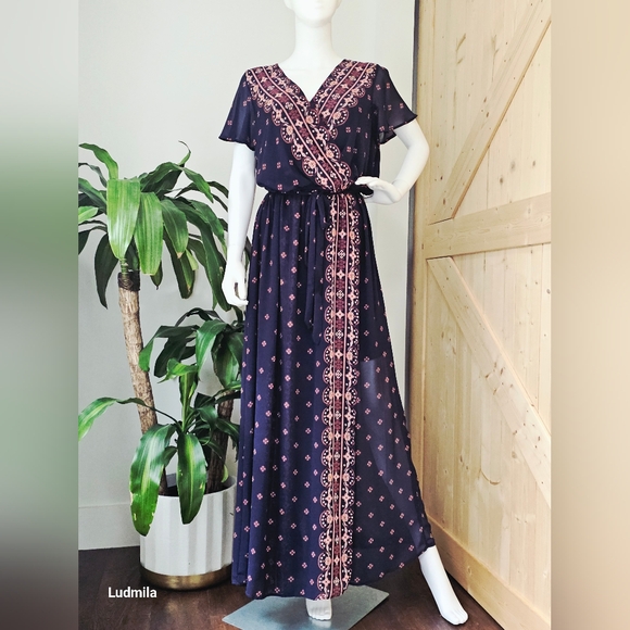 XHILARATION Size XXL (Ptp 21 in) Women's Navy ‎ Long Boho Dress With Belt - Picture 1 of 9